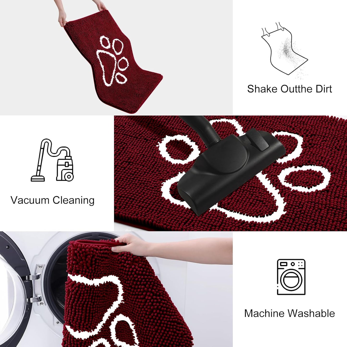 Smiry Dog Door Mat for Muddy Paws, Absorbent Dirt Trapper Non Slip Quick Dry Washable Chenille Mat for Mud Dogs, Entry Rug for Indoor and Outdoor (24x16 Inches, Burgundy)