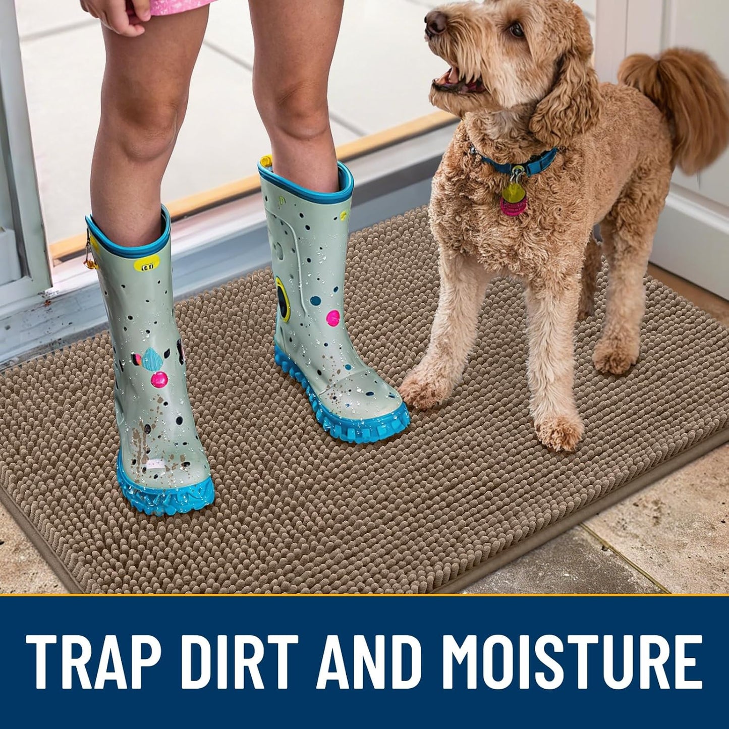 Smiry Dog Door Mat for Muddy Paws 47x32, Absorbs Moisture and Dirt Doormat, Non-Slip Washable Quick Dry Chenille Front Door Mat Indoor Entrance, Entryway Carpet for Inside Floor, Camel