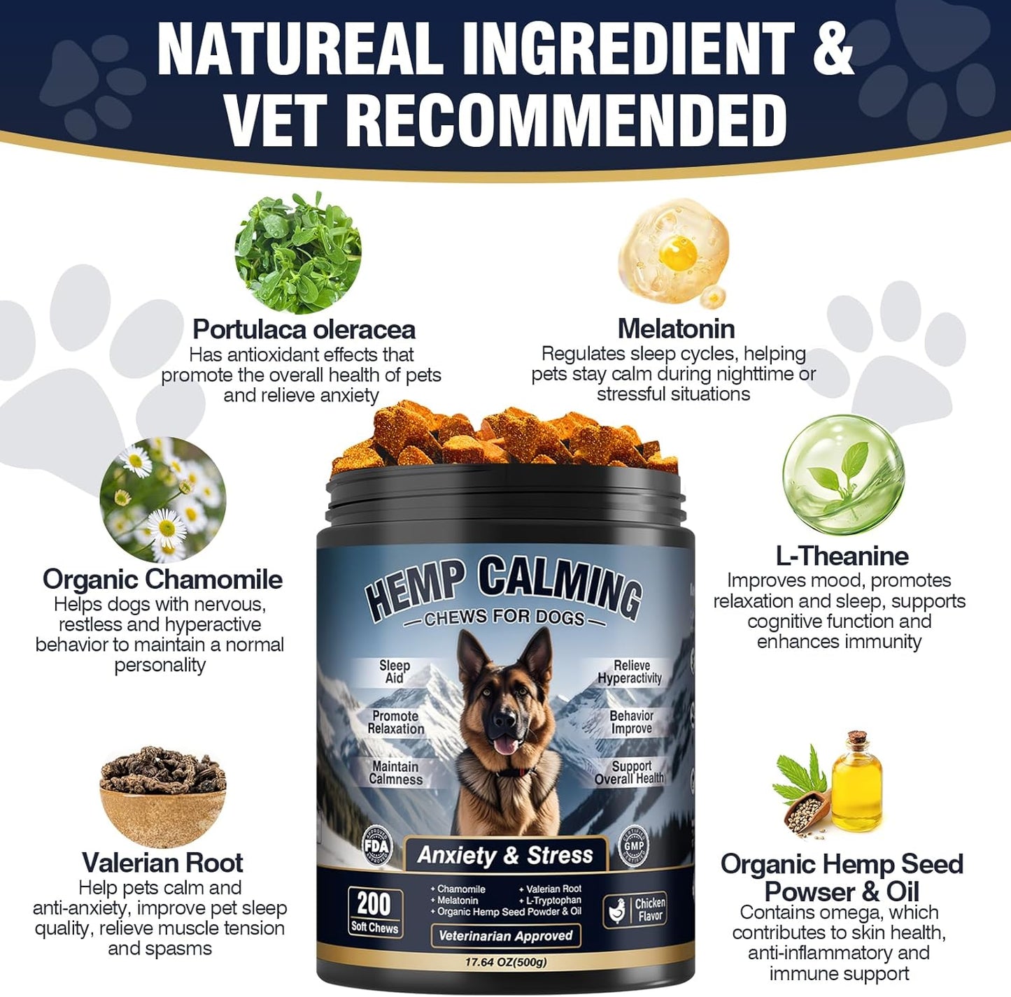 Calming Chews for Dogs 200ct Hemp Dog Calming Chews - Anxiety and Stress Relief Treats Melatonin Bites Sleep Aid for Small/Medium/Large Dogs Calm Dog - Separation, Fireworks, Thunder, Barking,Chewing