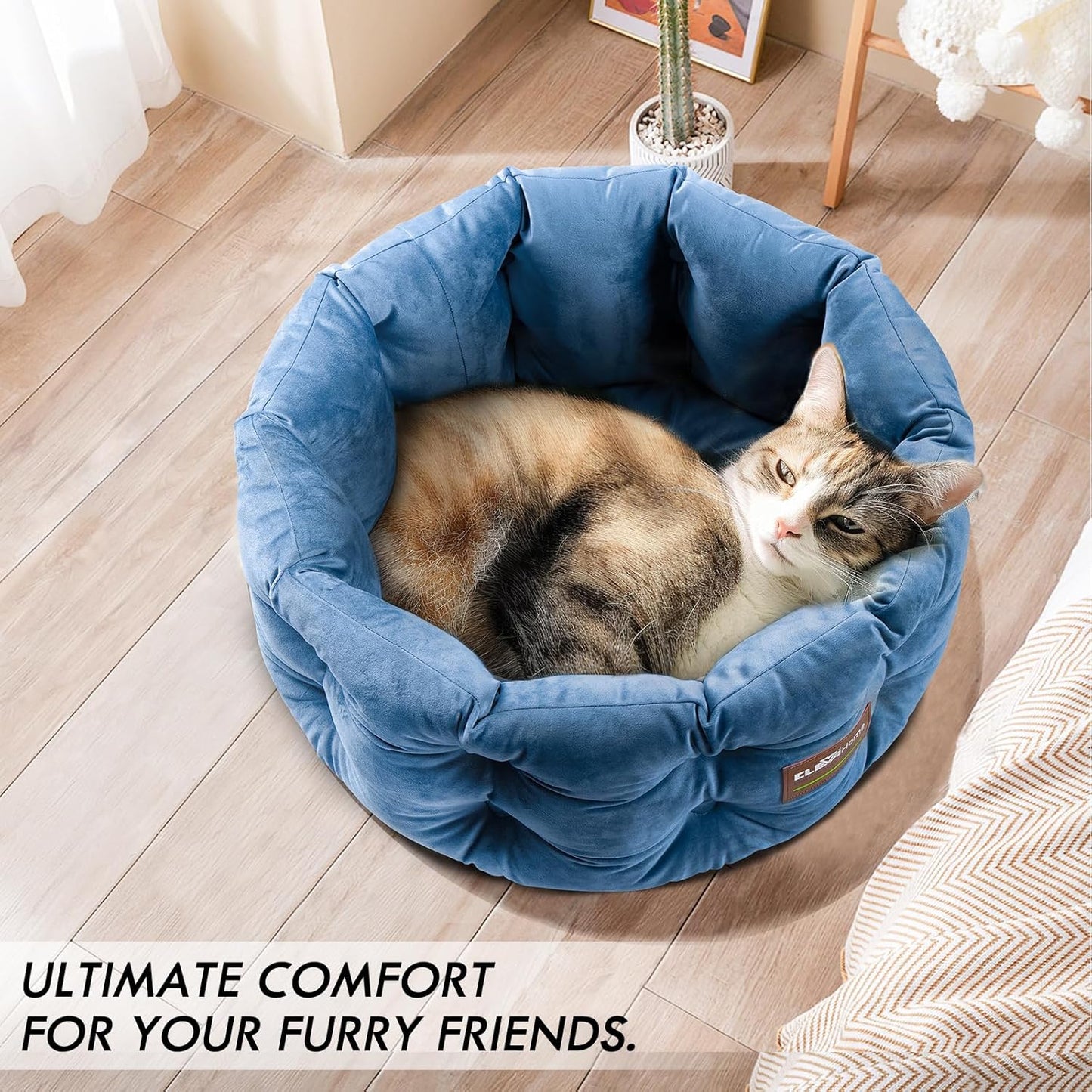 ClevaHome Deep Nest Cat Bed for Small Pets up to 15lbs - Round Cat Beds for Indoor Cats, Luxurious Velvet Feel, Extra High Sides, Machine Washable Comfort Pet Bed with Non-Slip Bottom (Steel Blue)