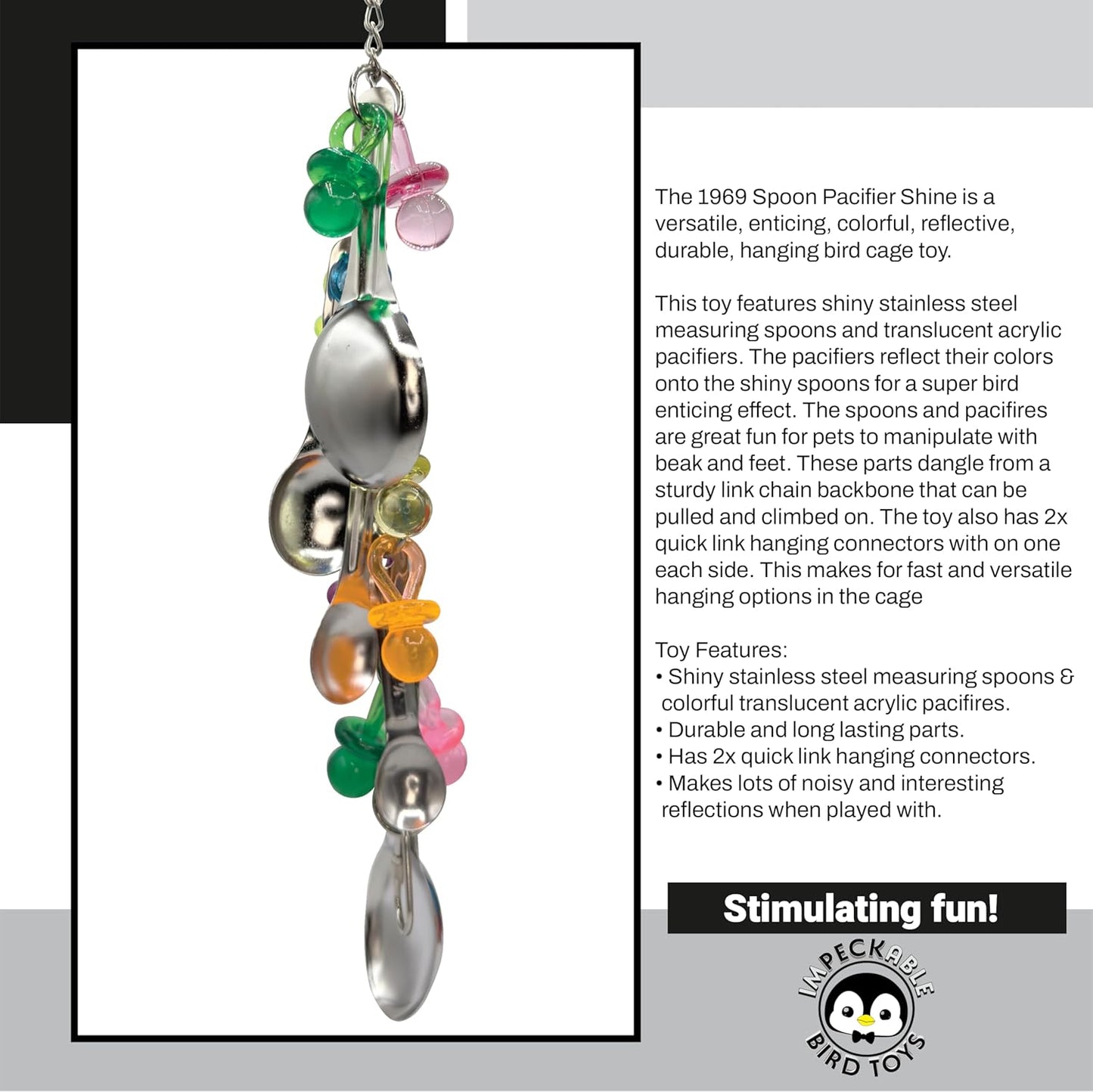 1969 Spoon Pacifier Shine - Handcrafted with Stainless Steel Spoons, Acrylic link chain and Acrylic Pacifiers, Shiny and noisy, Great for Medium size birds African Greys Conures Amazons and More