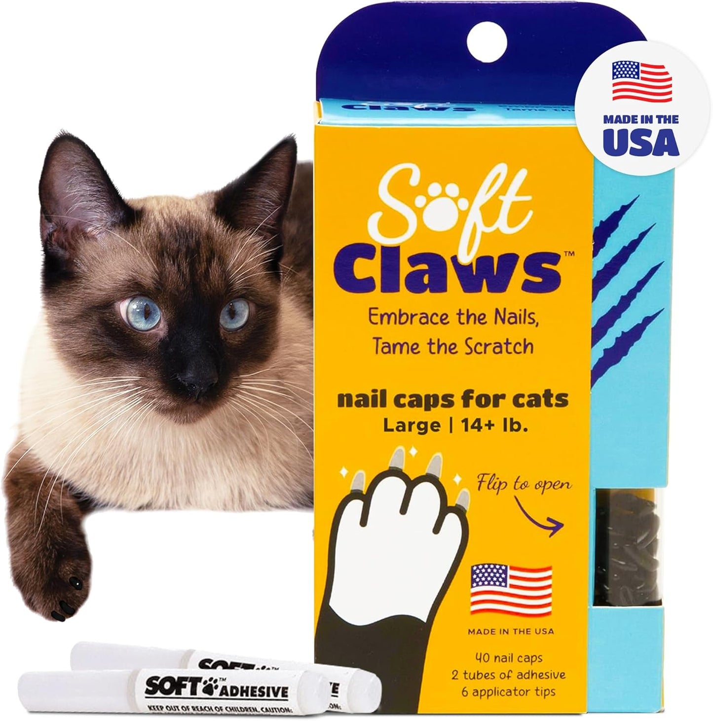 Soft Claws Cat Nail Caps for Large Cats – (40 Caps, Black) - Made in USA - Veterinarian-Developed | Protects Furniture & Skin - Easy to Apply, Long-Lasting Anti-Scratch Soft Cat Claw Covers.