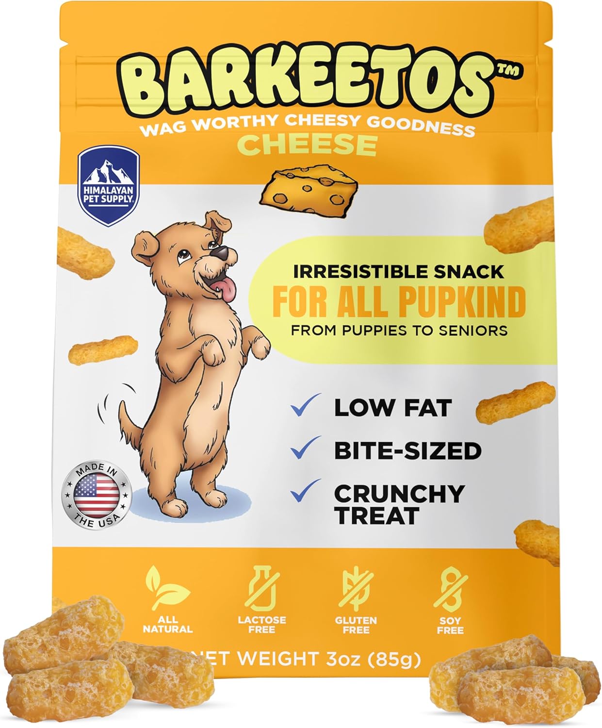 Barkeetos Dog Treats, Crunchy and Cheesy Pet Snacks Made with Real Himalayan Cheese, Gluten Free, Grain Free, Lactose Free, Natural Dog Food for All Breeds and Sizes