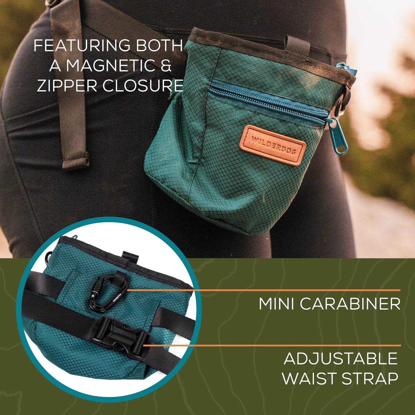 Wilderdog Dog Training Treat Pouch with Magnetic and Zipper Closure, Carabiner Attached, Adjustable Waist Strap - Magenta