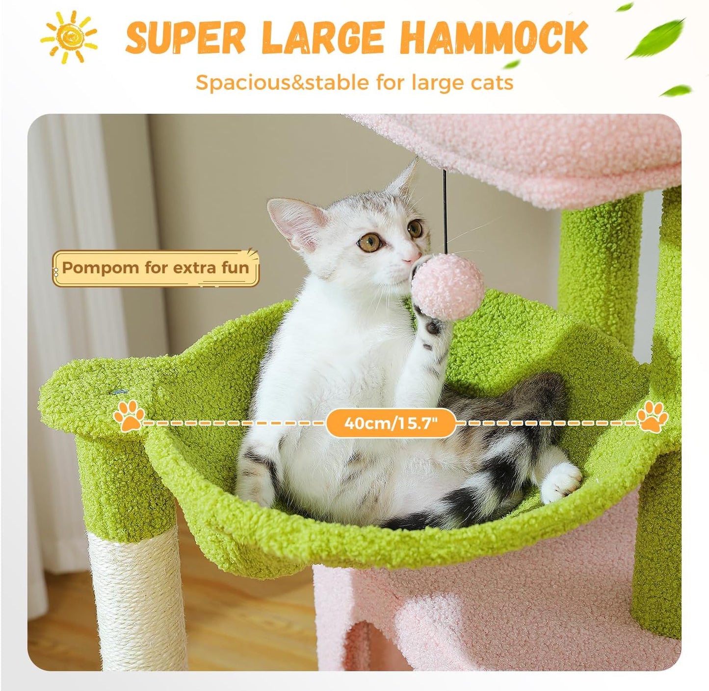 PAWZ Road Large Cat Tree, 41 Inches Multi-Level Cat Tower with 2 Spacious Condos for Large Indoor Cats, Pink Flower Cat House with Comfy Hammock, Padded Perch, Scratching Pad and Replaceable Balls