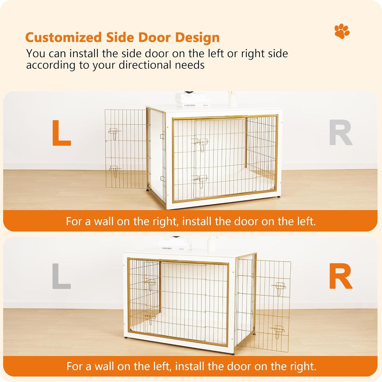 DWANTON Dog Crate Furniture with Cushion, Wooden Kennel Table with Double Doors, Indoor Dog House, Extra Large Size, 43.3" L, White+Gold