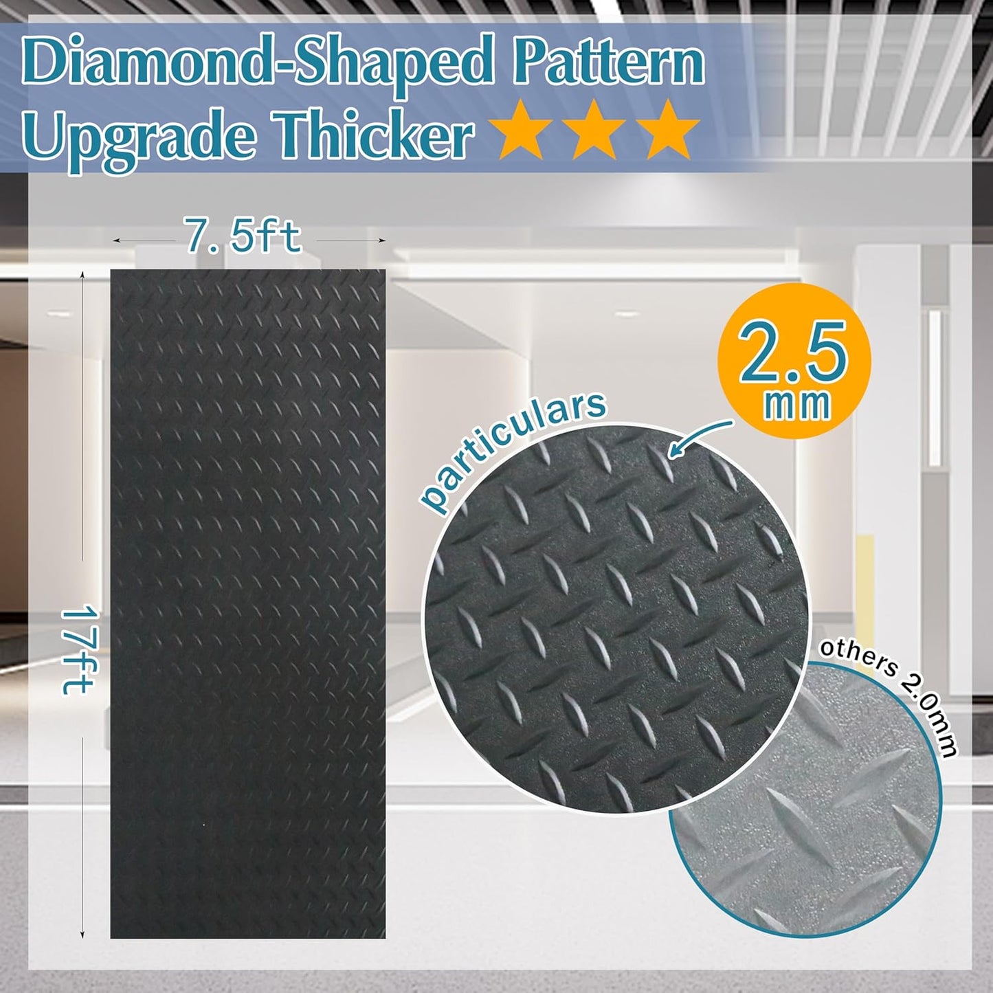 7.5 x 17 FT Garage Floor Mat,2.5 mm Thickness Diamond PVC Garage Flooring Roll, Anti-Slip Shop Floor & Parking mats for Workshop,Gym,Golf Cart Parking or Trailers