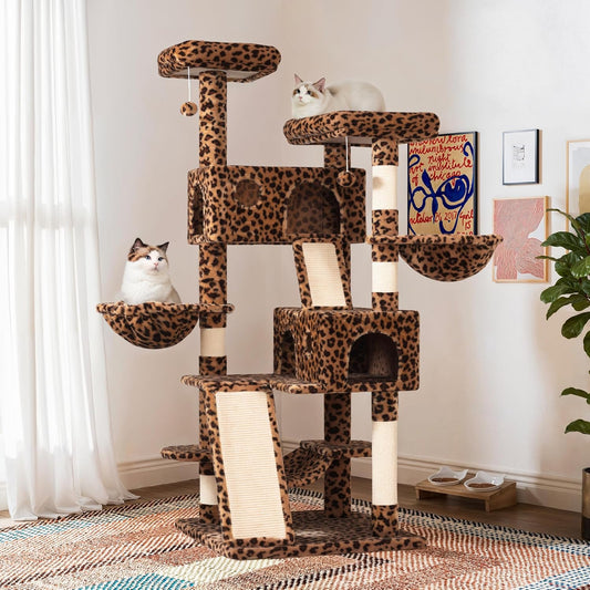 SHA CERLIN 65in Larger Cat Tree Tower Condo for Indoor Kitties/Multi-Level Furniture Activity Center with Wide Base/Cozy Plush Cat Perches/Baskets/Sisal Scratching Posts and Hammock/Leopard Print