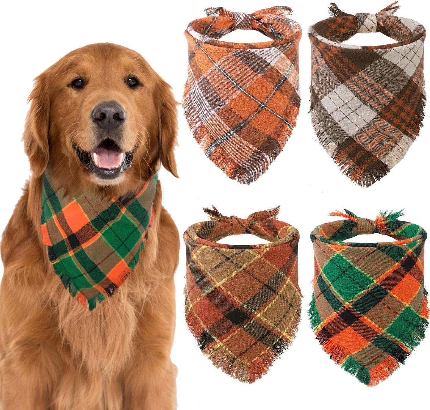 KOOLTAIL Thanksgiving Fall Dog Bandanas 4 Pack - Soft Breathable Washable Plaid Pet Scarf Bibs Kerchief, Dog Autumn Costume, Holiday Triangle Towel for Girl Boy Small Medium Large Dogs Cats, Orange XL