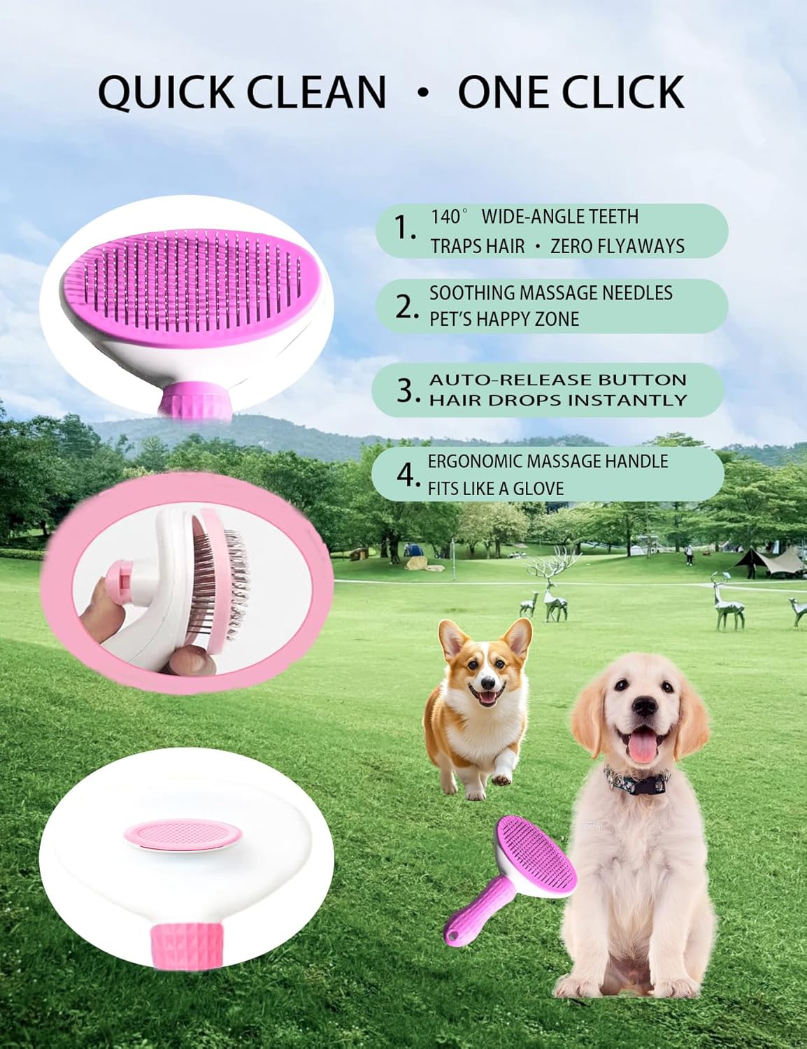 6ps Dog Cat Brush Grooming Kitf, Dog Cat Brushes, Bath Brush, Dematting Rake and Comb, Nail Clipper, Nail File, Flea Comb (Pink 6 Kits)