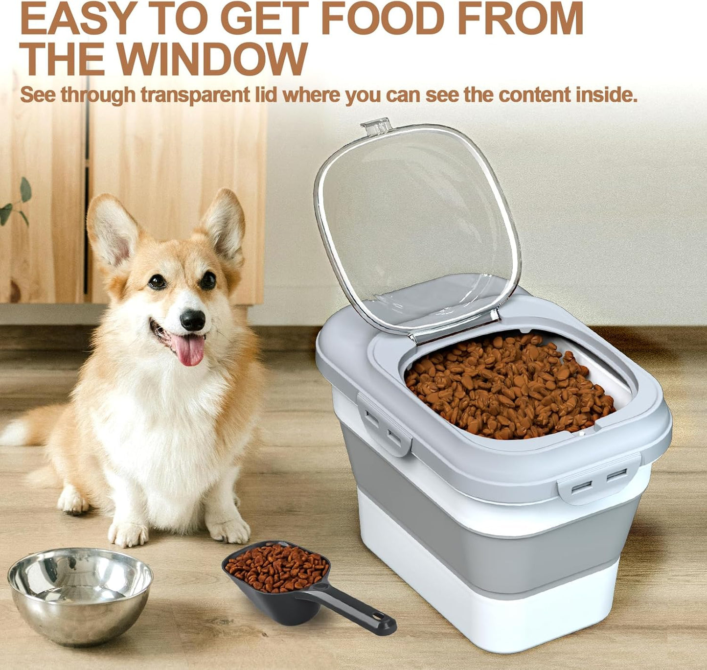 Dog Food Storage Container, 10-13lbs Collapsible Dog Cat Food Containers with Airtight Clear Flip-top and Pet Food Scoop, Pet Food Storage Container Bin for Dog Cat Bird and Other Pets Grey