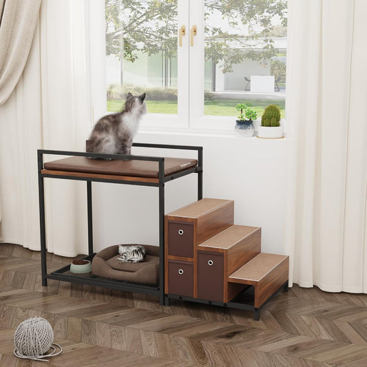 Dog Window Perch, Pet Bunk Bed with Multi-Level Platform, Non-Slip Cat Window Perch with Stroage Drawers, Dog Perch to Look Out Window, Wooden Steps for Small, Large Sized Dogs and Cats