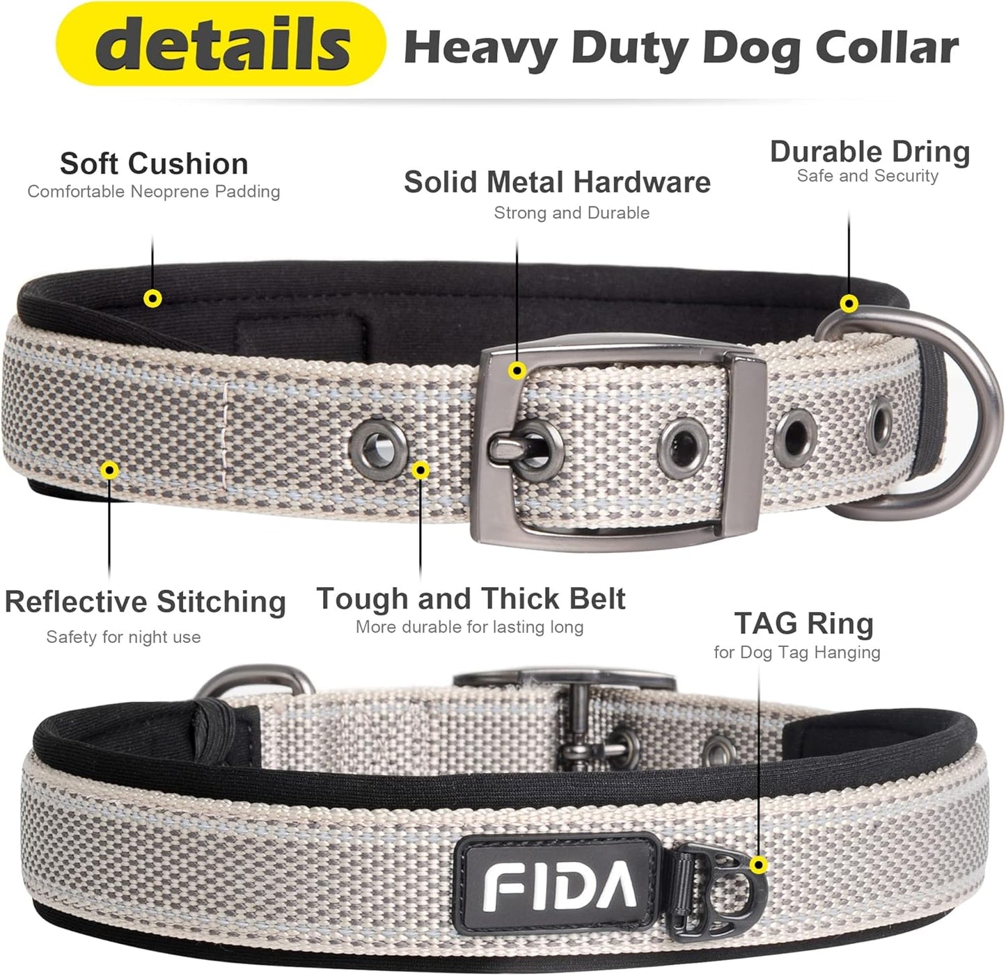 Fida Heavy Duty Dog Collar, Ultra Comfortable Soft Neoprene Padded, Adjustable Reflective Nylon Pet Collar with Durable Metal Belt Buckle for Medium Breeds (M, Grey)