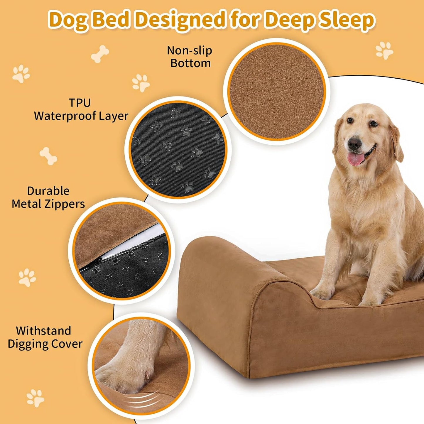 Large Orthopedic Dog Bed, 7" Memory Foam with Waterproof Liner, Chew Resistant Microsuede Cover, Removable and Washable, for Indoor, Outdoor, and Car Use, Nonskid Base, 52"x36" XL Khaki
