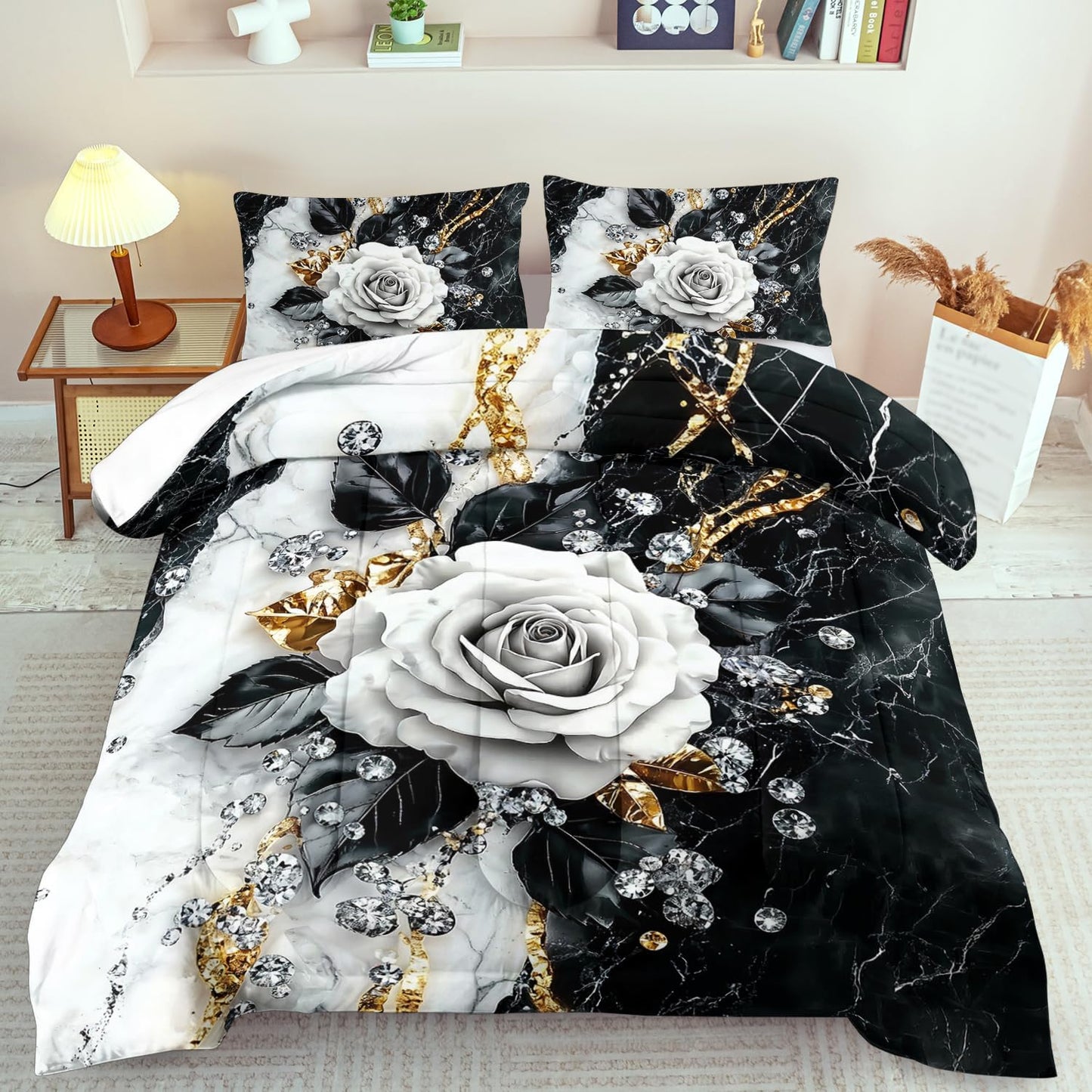 Marble Floral Comforter Set for Queen Bed Women,Vintage Flower Bedding Set Queen,White and Black Comforter Rose Quilt for Girls,Rose Bedding Floral Bedroom Decor Adults