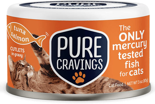 Wet Cat Food Canned Tuna and Salmon Cutlets in Gravy, 100% Mercury-Tested, Moist Can Fish for Cats, Grain-Free, Protein, Non-GMO, Pack of 12