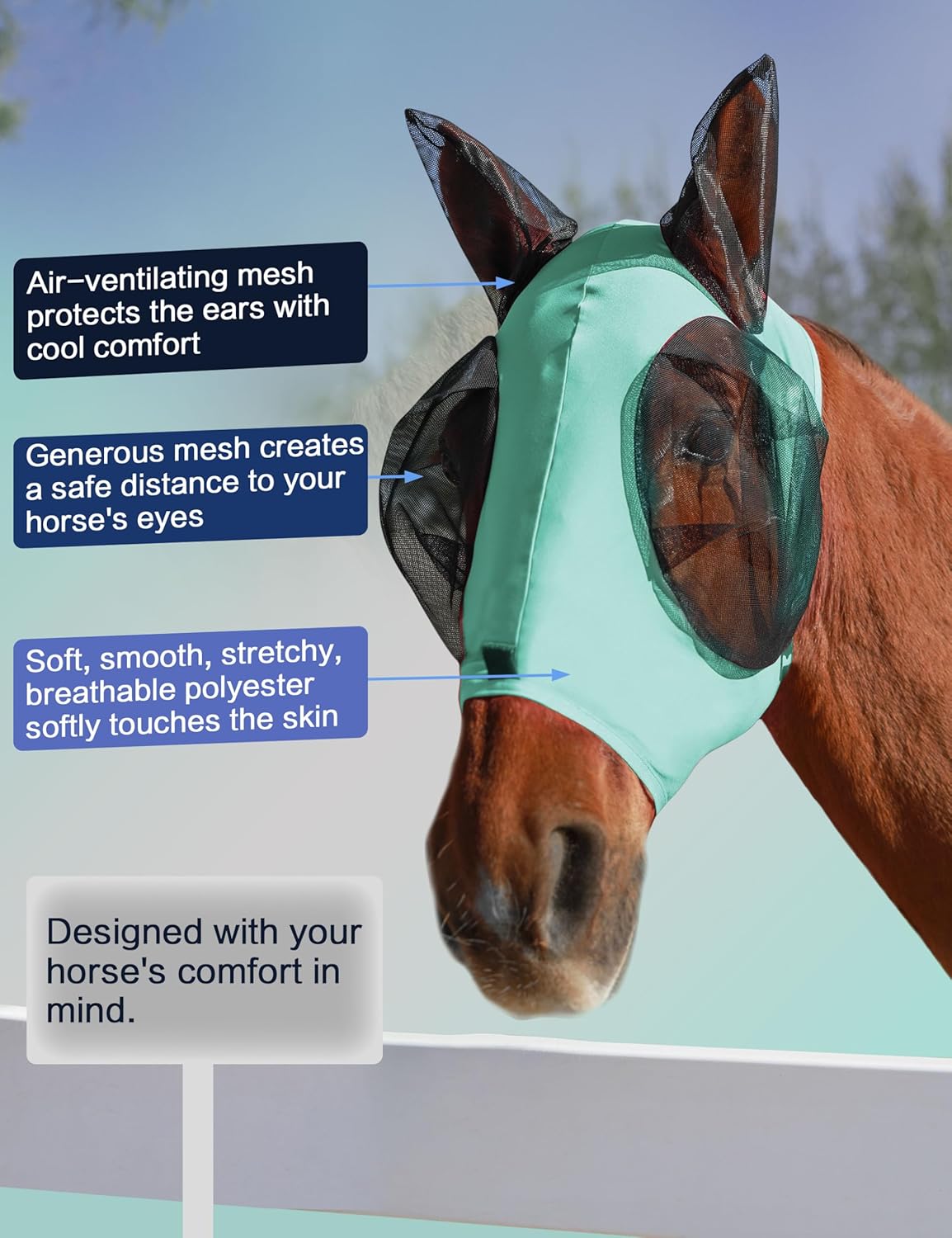Horse Fly Mask with Ears, UV Protection for Horses, Elasticity with Big Mesh Eye Covers, Snug Fitting Comfortable Breathable Lightweight for Horses Gentle Mint Cob