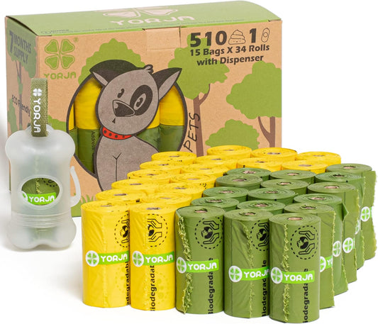 YORJA Dog Poop Bags Rolls with Dispenser & Holder, 510 Pet Waste Bags, 100% Leak Proof Extra Thick and Strong Corn Starch Blend