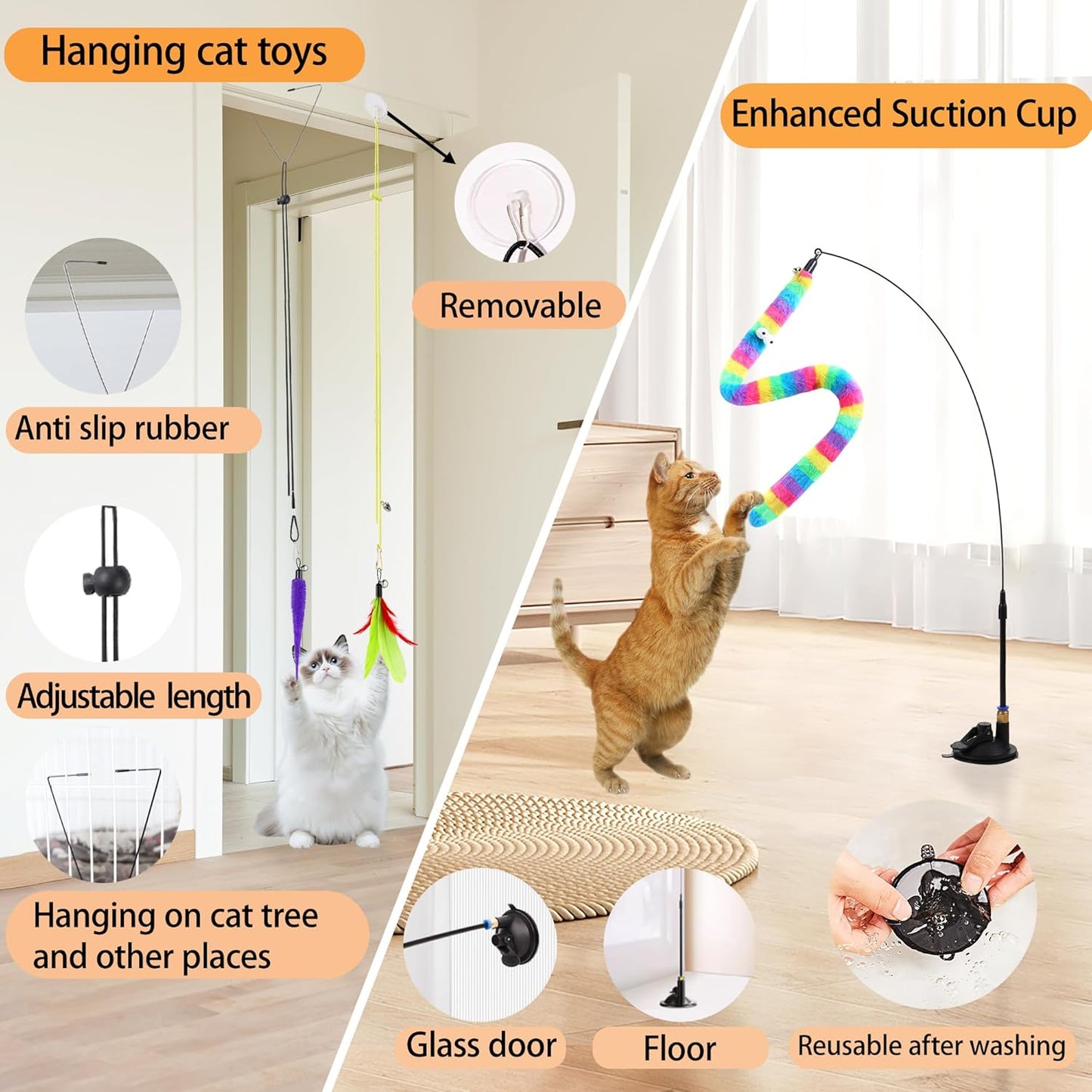 Soarer 4-in-1 Interactive Cat Feather Toys,12Pcs Durable Fishing Pole Cats Feathers Toy Replacements,Enhanced Suction Cup Cats Wand Toy,2 Types Door Hanging Cat String Toys for Indoor Kitten