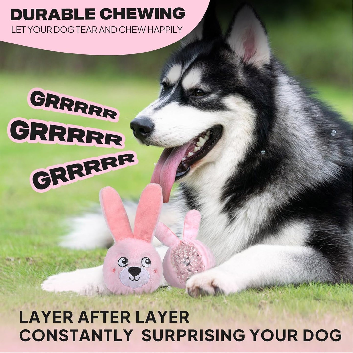 Fida Squeaky Dog Toys for Aggressive Chewers 3 in 1, Dog Chew Toys with 3 Layers,Interactive Dog Toys for Large Dogs Balls to Keep Them Busy for Small Medium Dogs(Pink Bunny)