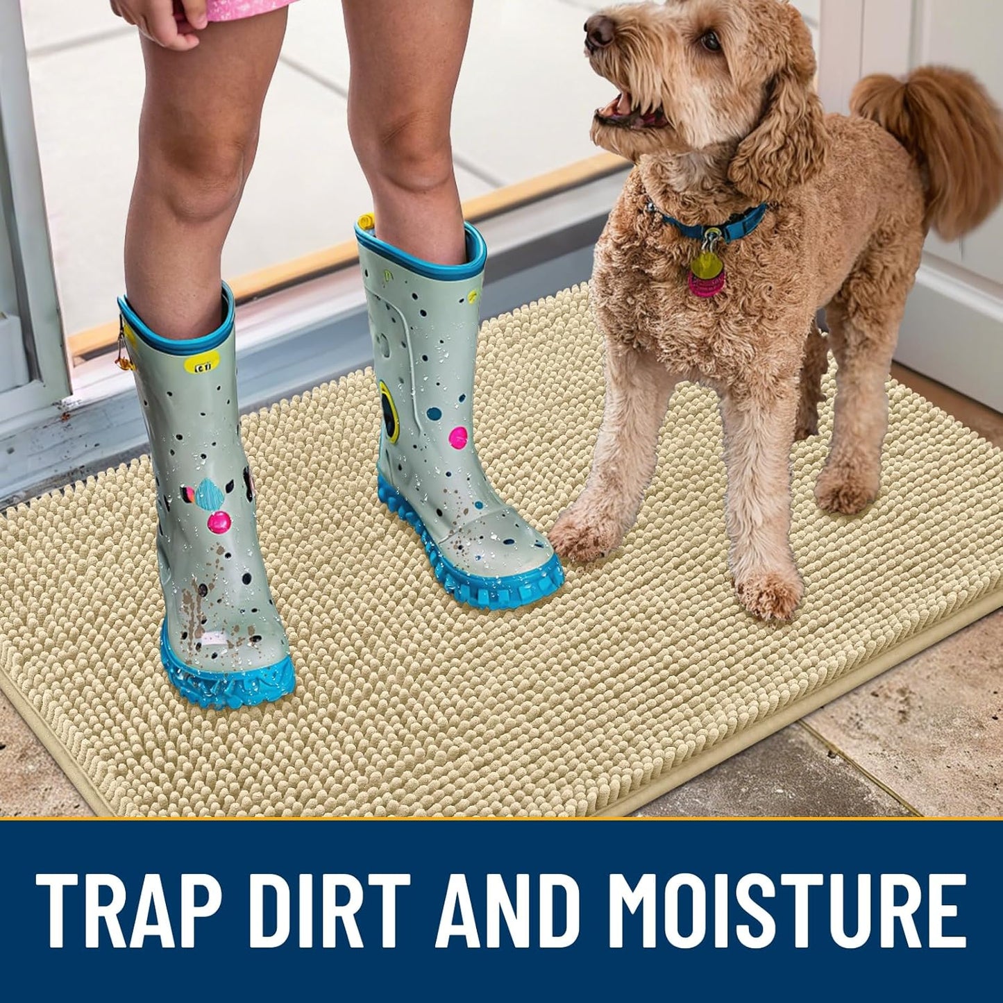 Smiry Dog Door Mat for Muddy Paws 36x24, Absorbs Moisture and Dirt Doormat, Non-Slip Washable Quick Dry Chenille Front Door Mat Indoor Entrance, Entryway Carpet for Inside Floor, Cream White