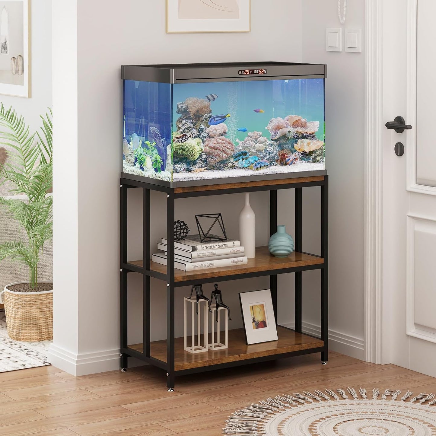 20 Gallon Metal Aquarium Stand with Shelves for Fish Tank Accessories Storage, Reptile Tank Turtle Terrariums Stand for Home Office (Black)