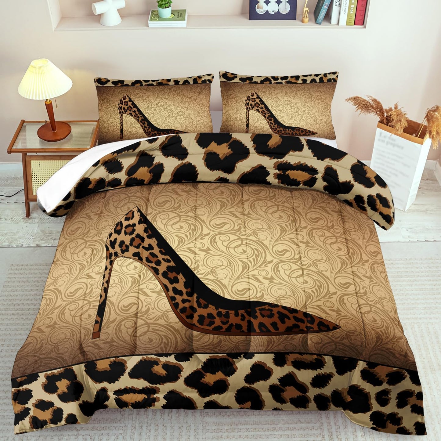 Leopard Comforter Set Full Girls,Sexy High Heel Comforter for Women,Leopard Print Bedding Set Full Adult,High Heel Quilt Bedroom Decor,African Animal Print Bedding Quilt