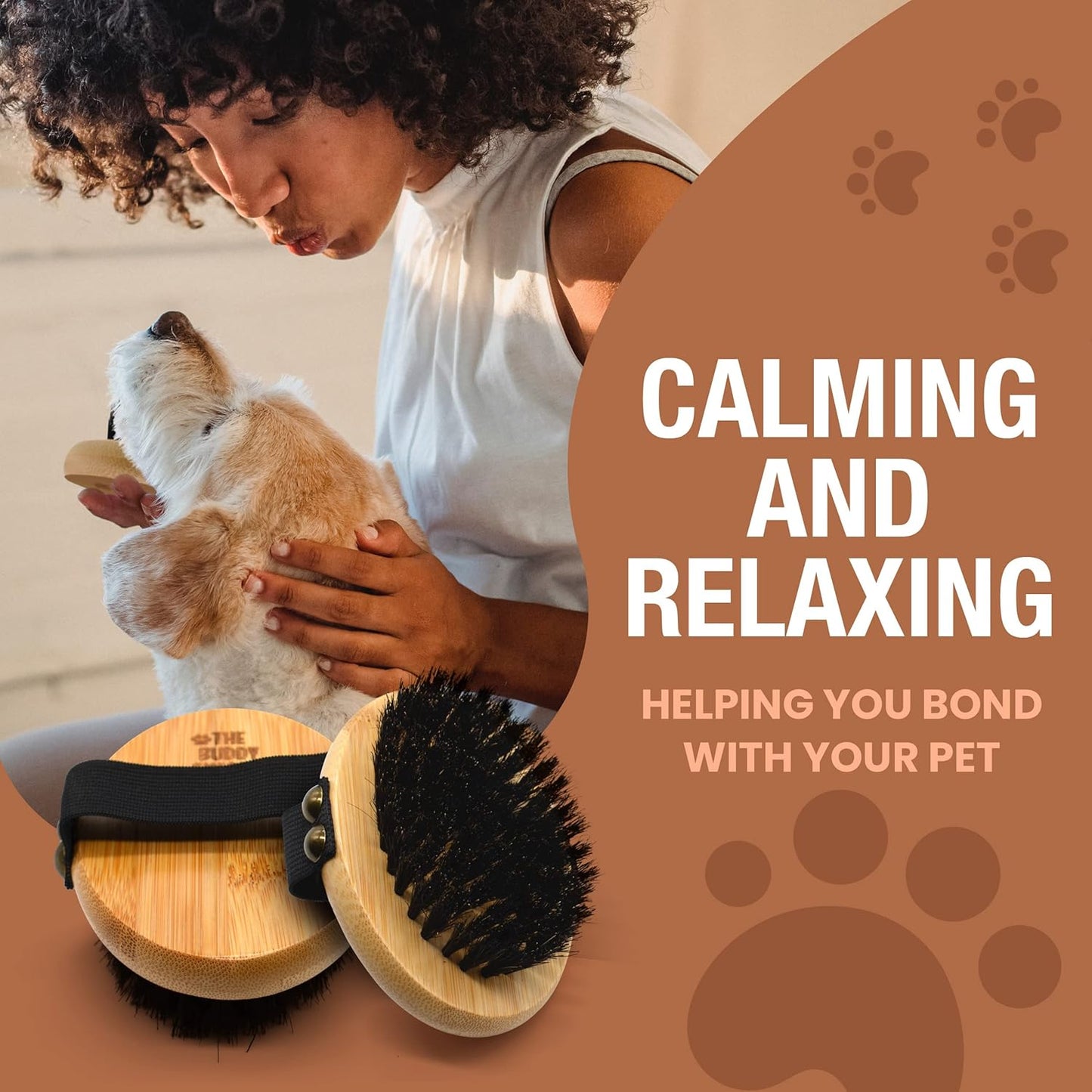 The Buddy System Pet Close Brush, Soft Touch Oval Palm Brush - Bamboo Massage Handheld with Soft Boar Bristles and Elastic Band for Dogs and Cats 2 Pack