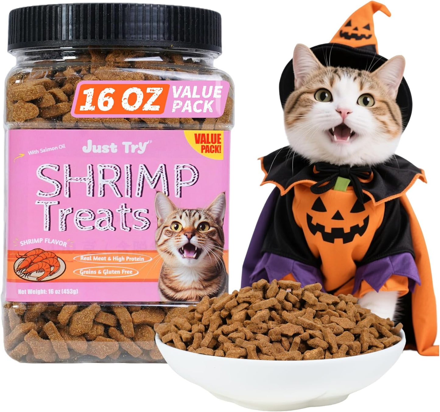 Just Try 16 OZ Shrimp Cat Treats - Grain Free, Crunchy Cat Snacks with Real Shrimp & Krill Oil for Cats, Omega-3 for Skin & Coat, Training Treats