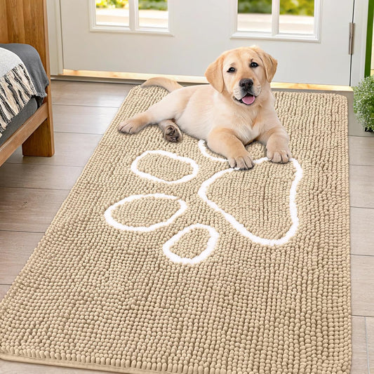 Smiry Dog Door Mat for Muddy Paws, Absorbent Dirt Trapper Non Slip Quick Dry Washable Chenille Mat for Mud Dogs, Entry Rug for Indoor and Outdoor (47x32 Inches, Beige)