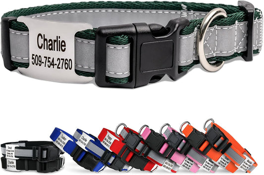 GoTags Reflective Personalized Dog Collar with Nameplate, Adjustable Dog Collar with Custom Engraved Steel Slide On Pet ID Tag, Silent, No Noise Dog Tag (Hunter Green, Medium)