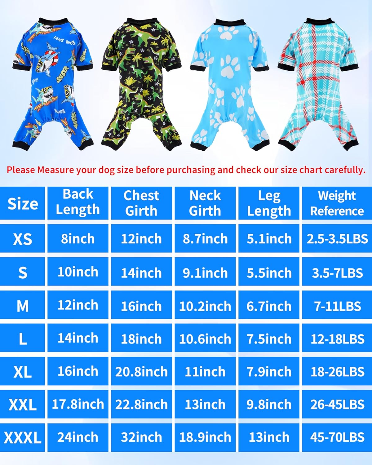 PET SHOW 4 Pack Small Dog Pajamas for Boy Doggies Dinosaur Shark Soft Stretchy PJs Plaid Jumpsuit Puppy Cats Paw Onesies Outfits with Sleeve Pets Breathable Summer Clothes Costume M