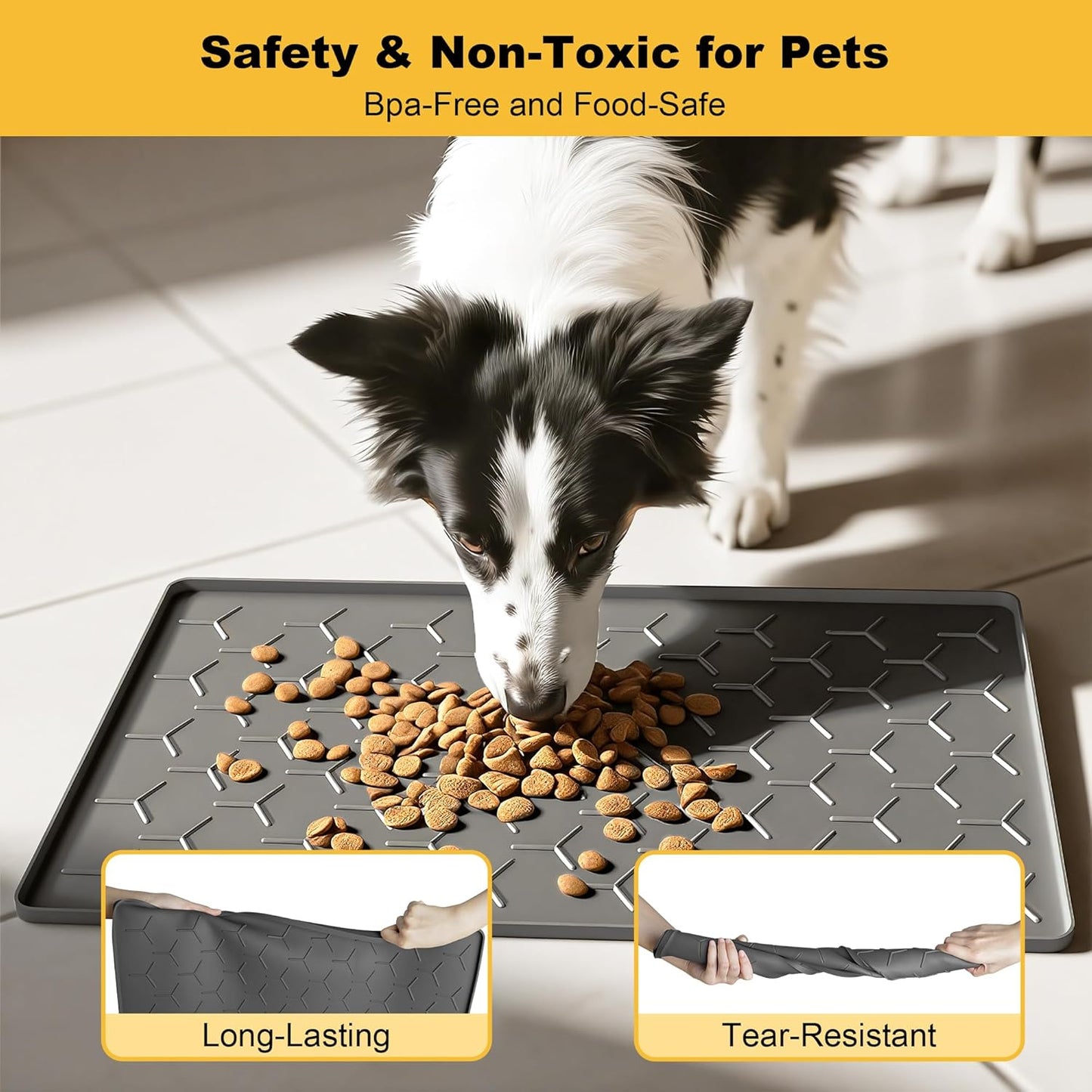 Pieviev Dog Cat Food Bowl Mat, Silicone Waterproof Food Grade Pet Food Mat for Floor, High Raised Edge to Prevent Spills, Non-Slip & Easy Clean Pet Placemat for Dog & Cat Bowls, 24''x16'', Dark Gray