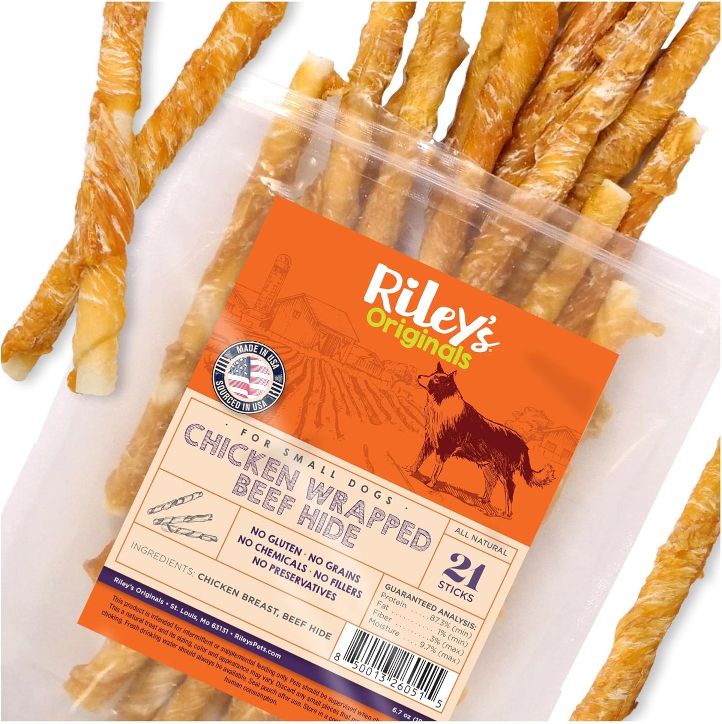 Riley's Chicken Wrapped Beef Sticks - Made with USA Sourced Dehydrated Chicken Breast & Beef Hide - Dog Snacks for Small Dogs and All Natural Chew Sticks - 21 Small Twists