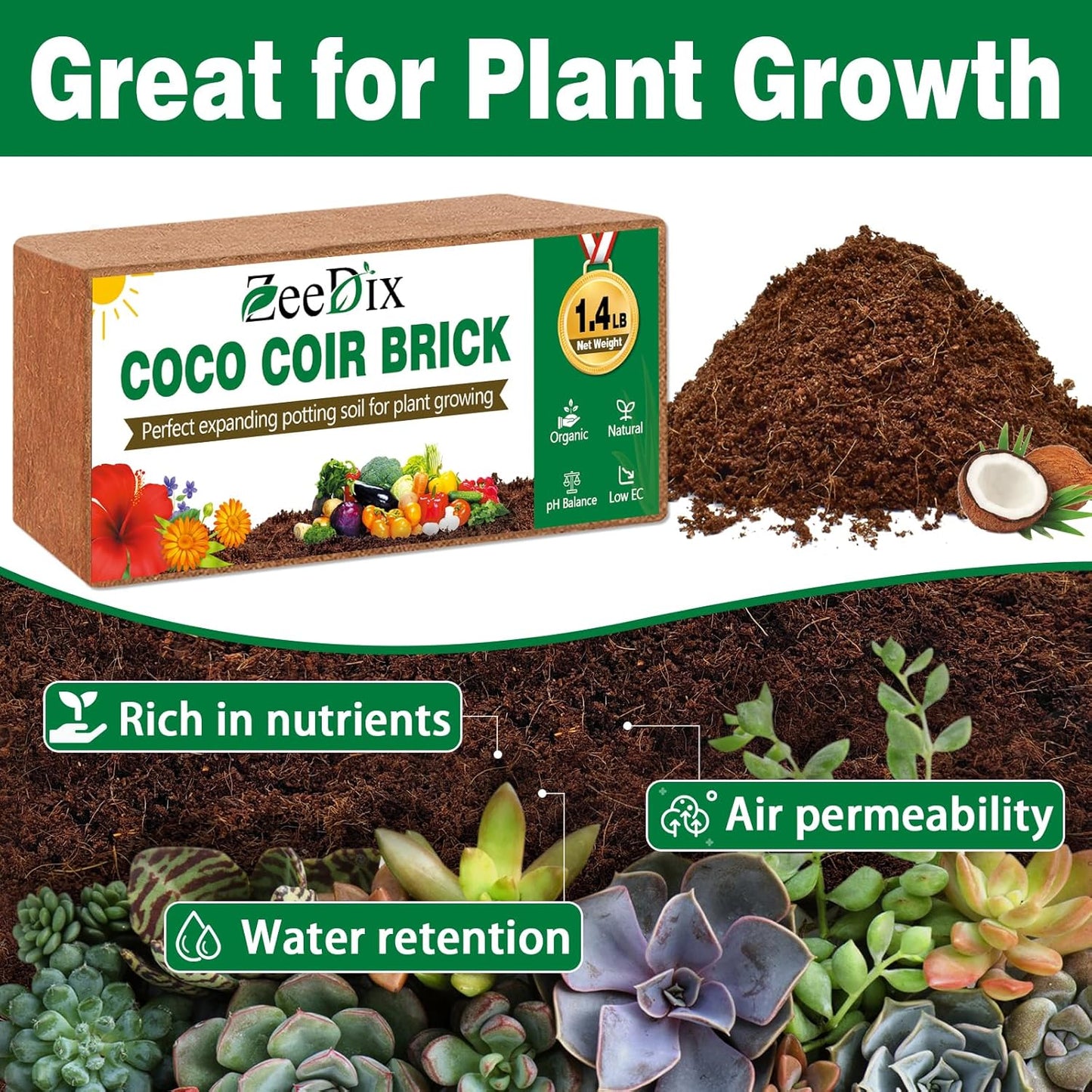 ZeeDix 8 Pack Coco Coir Brick (11.2lbs), 100% Organic Coconut Coir for Garden Soil & Potting Mix, Low EC and pH Balance, Compressed Coconut Husk Fiber for Seed Starter Soil for Indoor Outdoor Plants