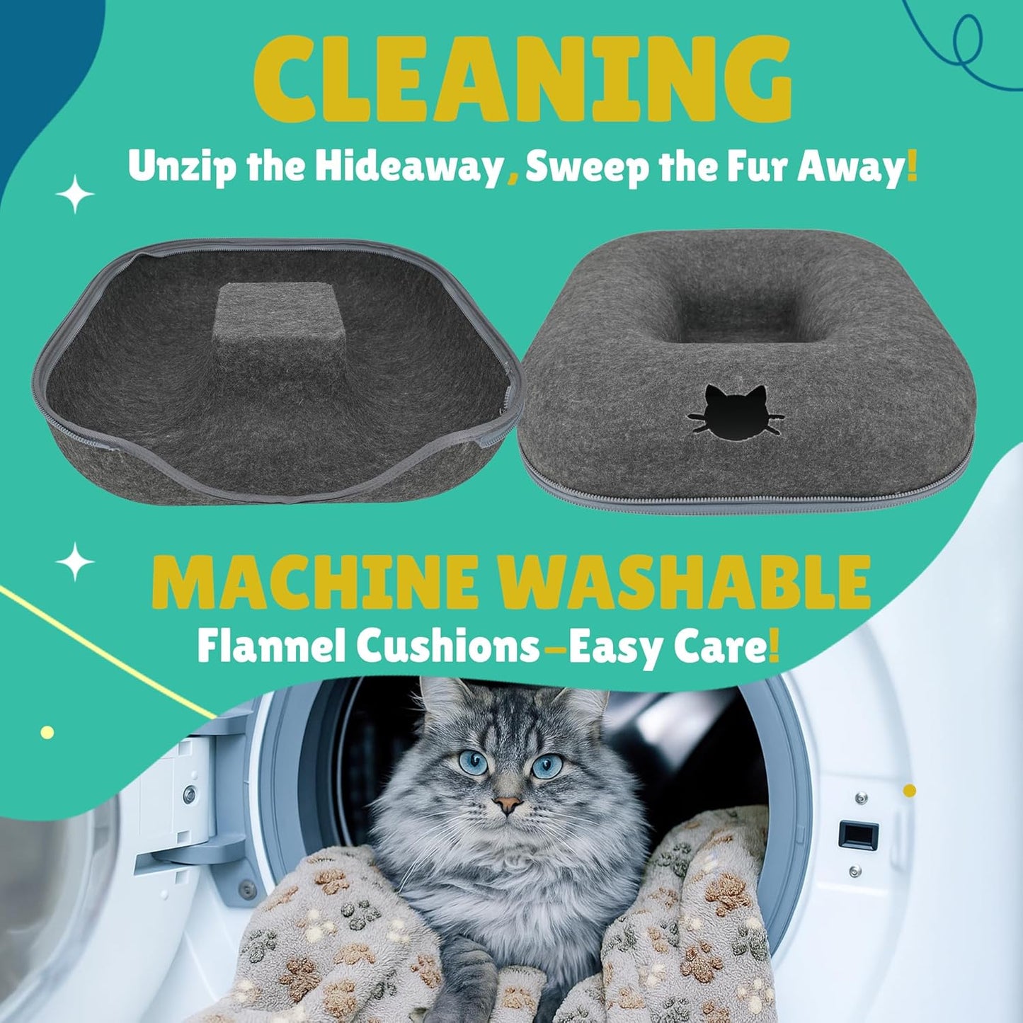 RINGTAIL Peekaboo Cat Cave - Cat Caves for Indoor Cats, Cat Donut Tunnel Bed, Kitten Beds Felt, Cat Bed Cave Square with Two Fluffy Fleece Cushion, Nest Cove Scratch-Resistant Detachable & Washable
