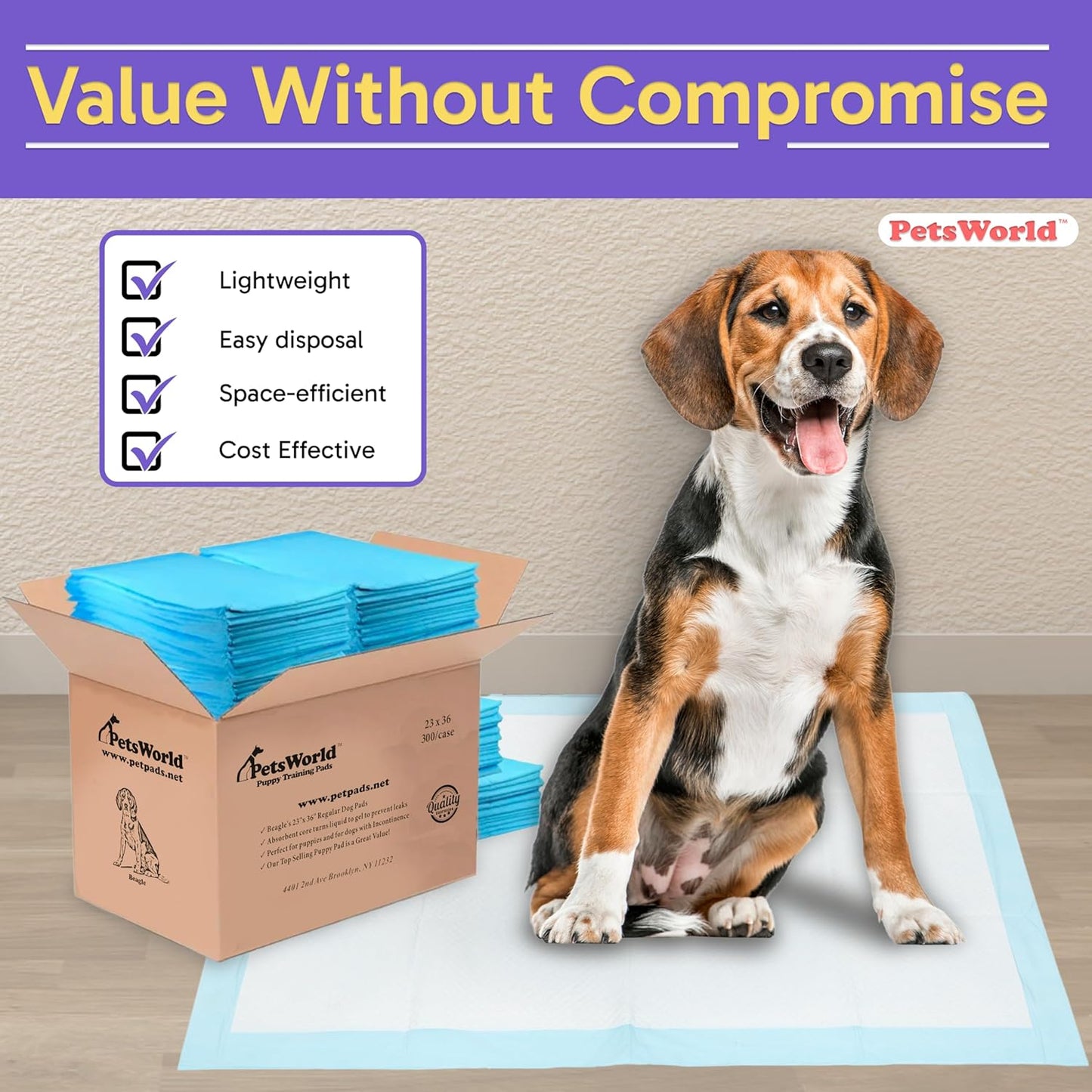 PETSWORLD Puppy Pads, 23x36 Inch, 300 Count - Puppy Pee Pads for Dogs, Tear Resistant, Economy Value, Super-Absorbent Polymer Gel Core, Perfect for Puppies, Smaller Dogs