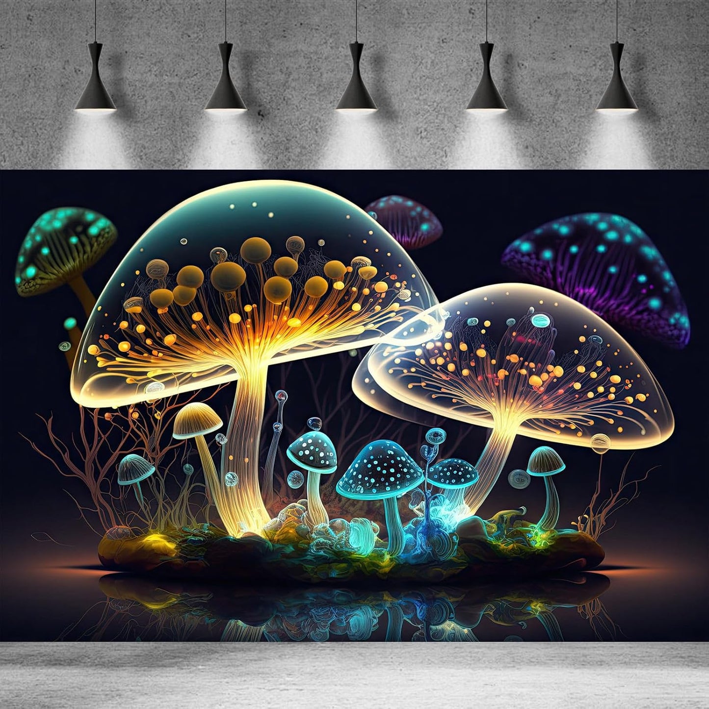 Mushroom Aquarium Background Abstract Glowing Fantasy Mushrooms Terrarium Background Mysterious Forest Magical Night In Circle Shape Crystal Glass Fish Tank Backdrop Decorations Vinyl 30x18in
