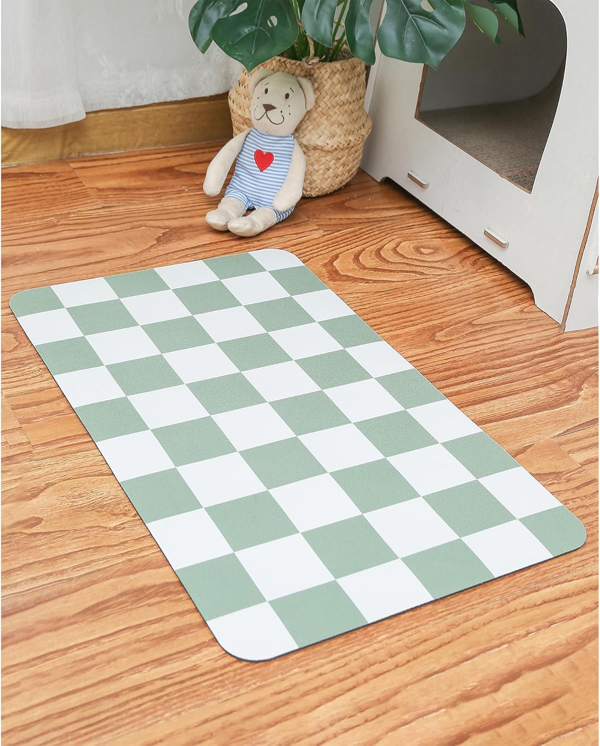 Ralxion Checkered Dog Feeding Mat, Absorbent Mats for Dog Food and Water Bowl, Dispenser, Retro Modern Aesthetic Sage Green Checkerboard Pet Placemat for Dogs, Cats, Puppy Accessories, 12" X19”