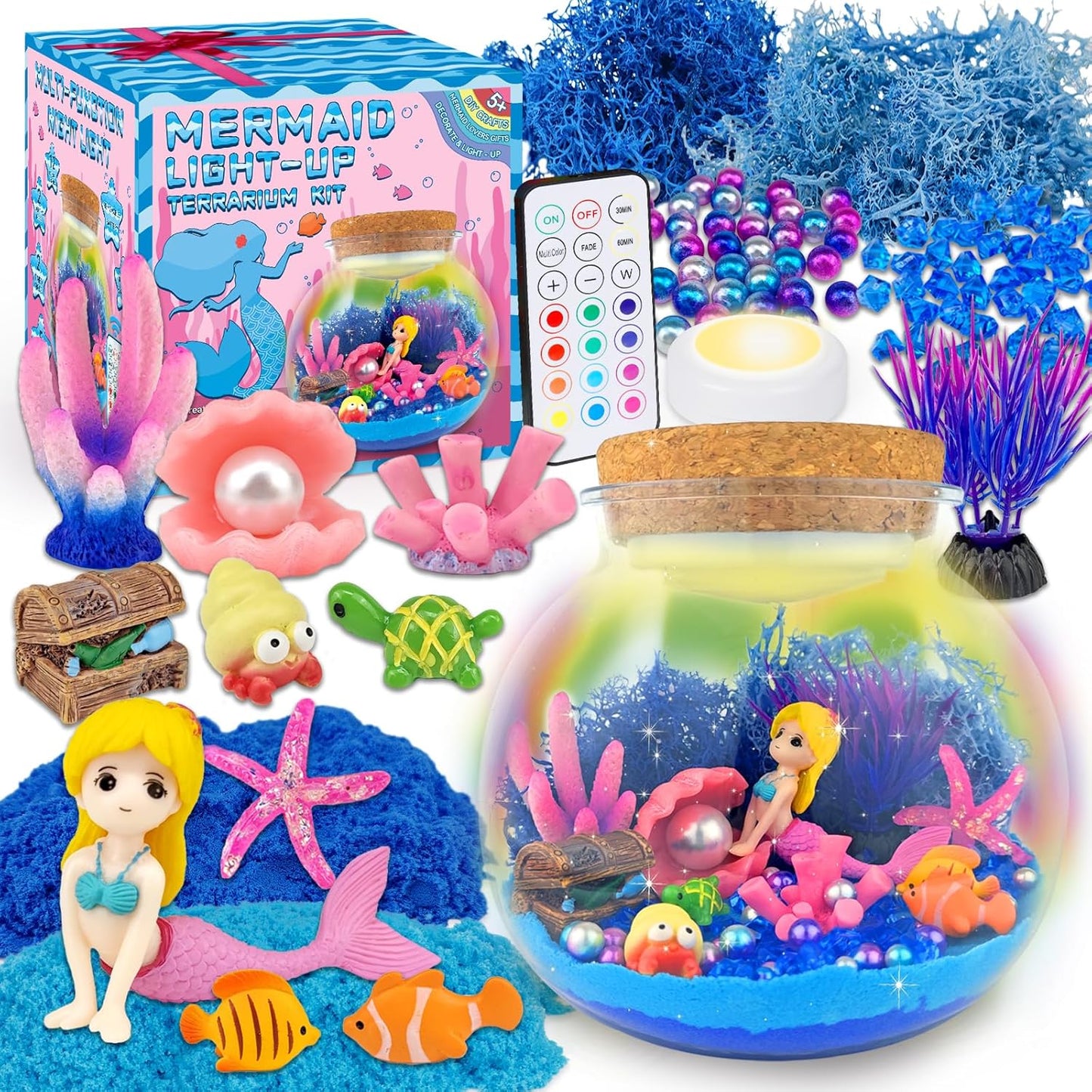 Mermaid Terrarium Craft Kit for Kids - LED Night Light Up & Remote Mermaid Birthday Gifts Toys for Girls Age 5 6 7 8 9 10 11 12 Year Old