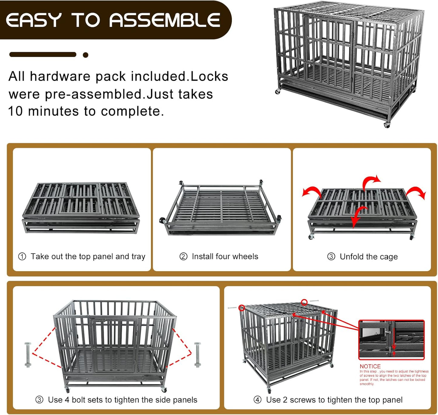Confote 37 Inch Heavy Duty Dog Crate Metal Cage Kennel, High Anxiety Pet Cage with Lockable Wheels & Double Doors for Small Dogs