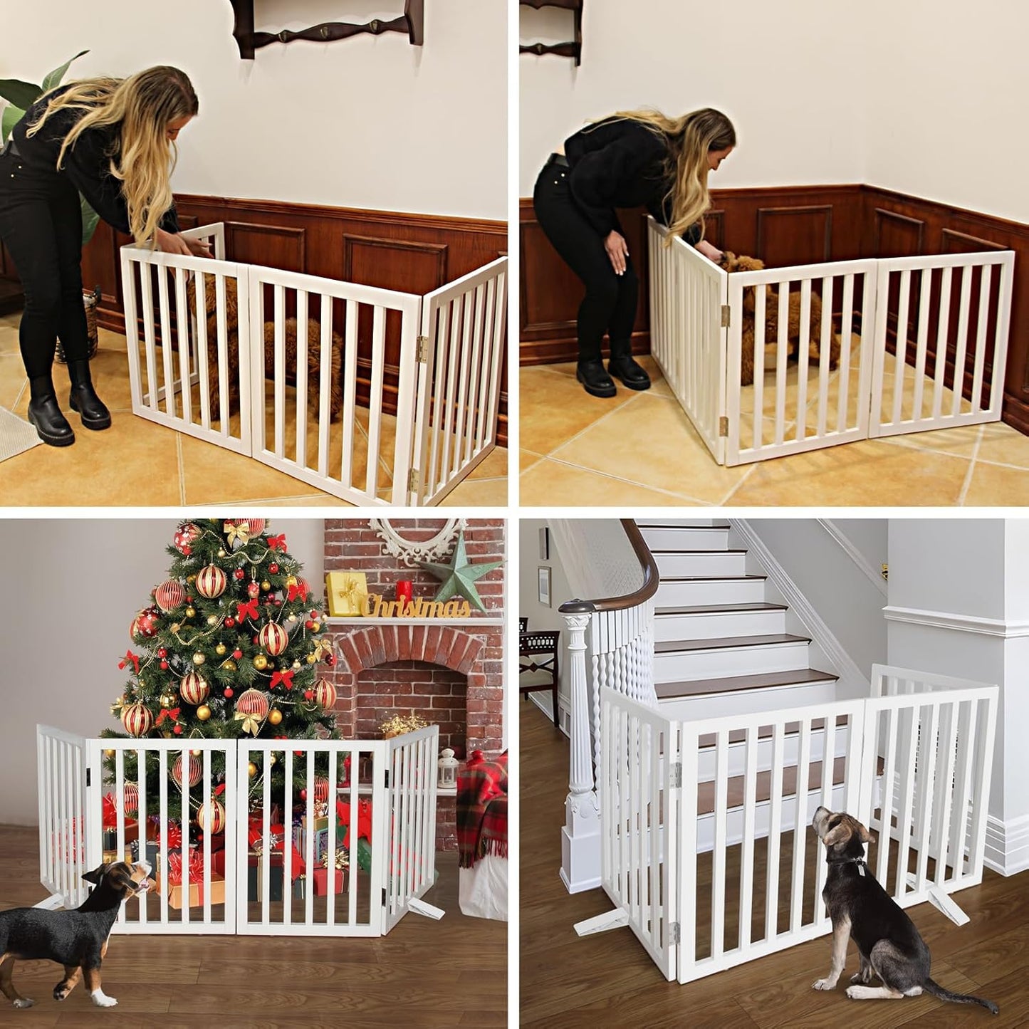 ZJSF Freestanding Indoor Dog Gate for House Foldable Wood White Puppy Gate for Doorways Pet Gate for Stairs Extra Wide Pet Fence 32" Height 2 Panels