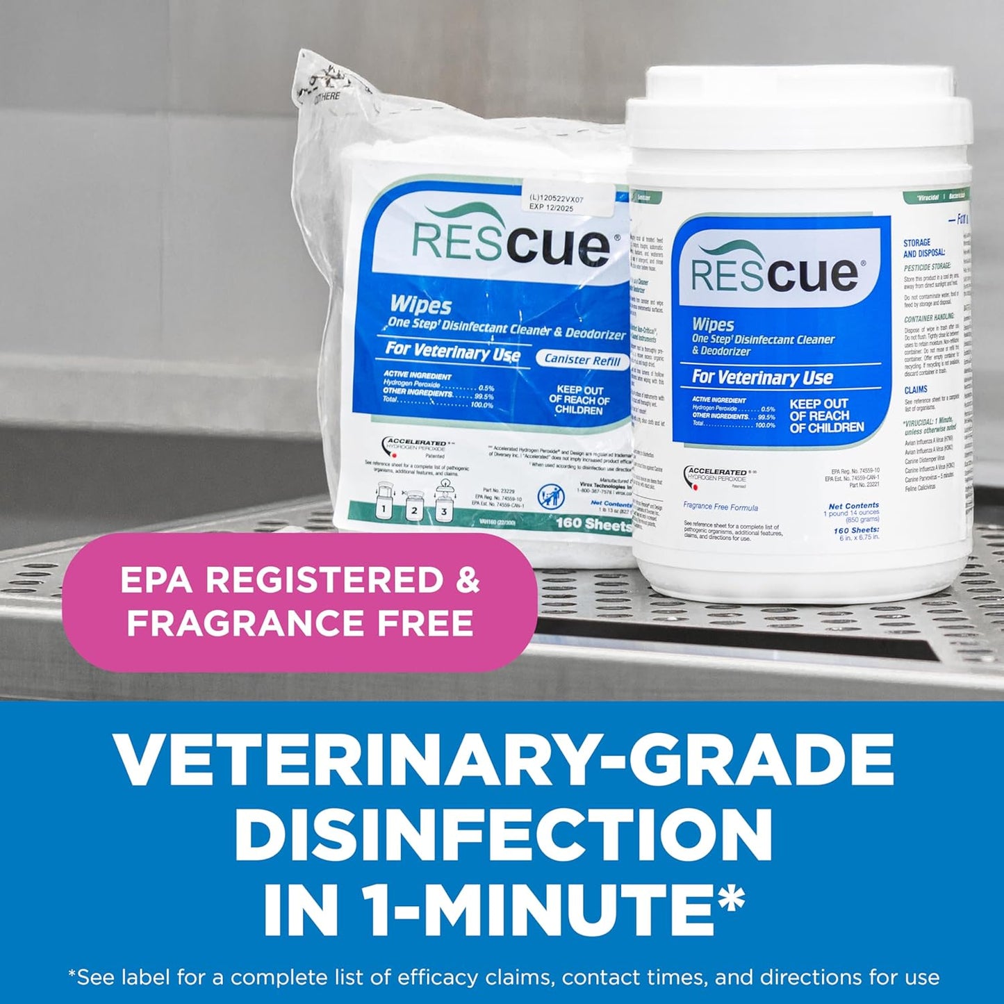 REScue One-Step Disinfectant Cleaner & Deodorizer Wipes for Vet Use – Cleaner for Kennels, Litter Boxes, Vet Offices, Pet Grooming Surfaces – Wipes Canister, 160-Count (Pack of 12)