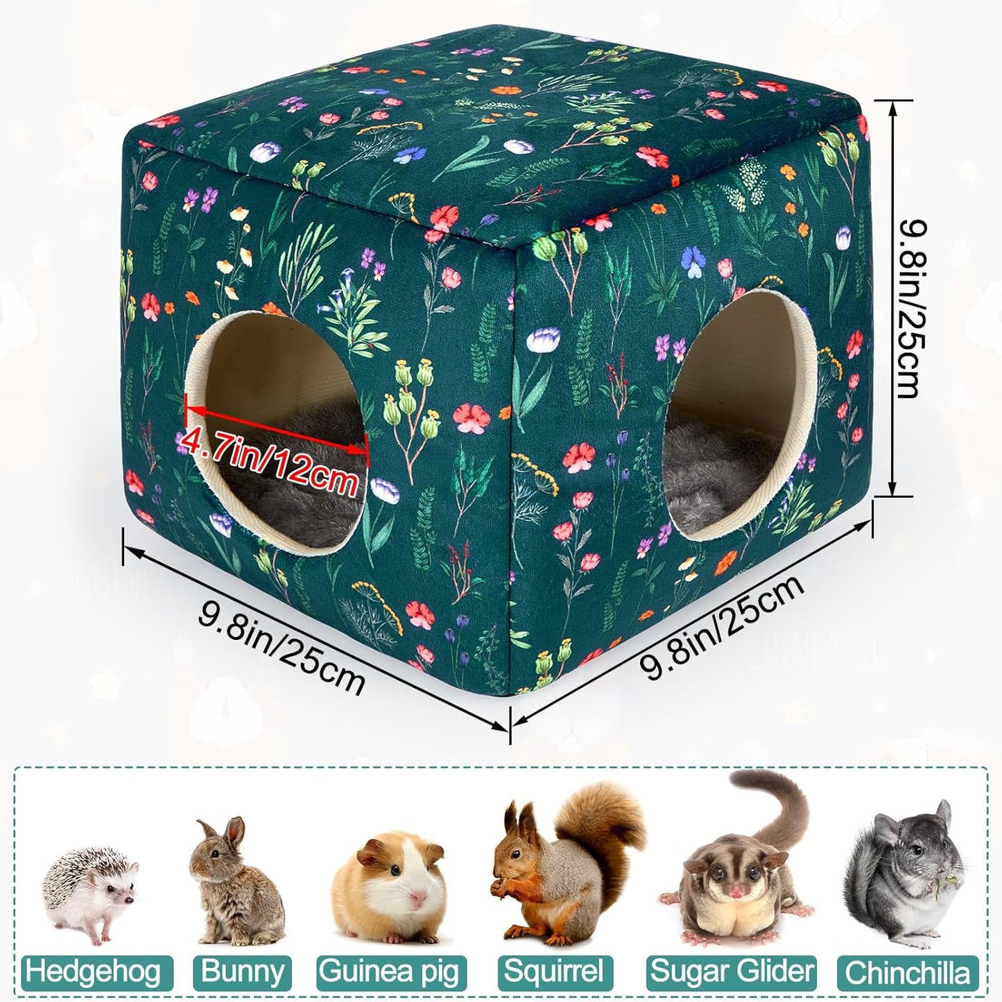 Bienbee Guinea Pig Hideout, Washable Guinea Pigs House Cozy Guinea Pigs Bed for Small Pet Bunny/Rabbit/Hamster/Chinchilla Guinea Pig Accessories Green Flowers
