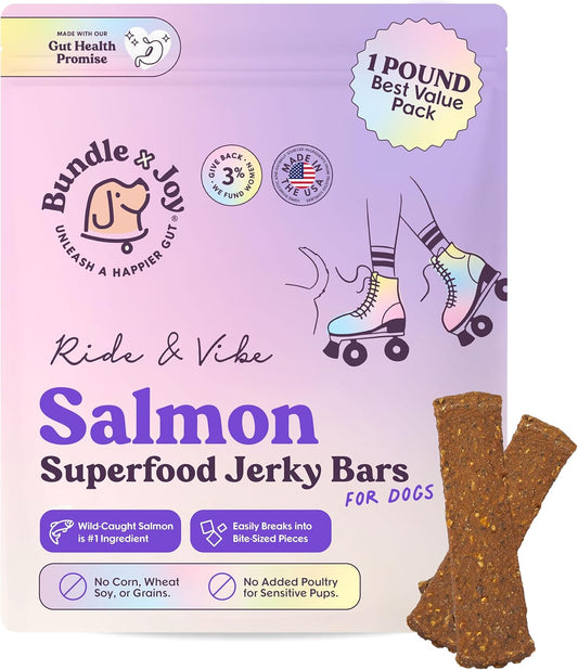 Bundle x Joy Ride & Vibe Dog Treats Salmon Jerky Snack Bars, 16 oz Bag, Puppy Training Treats, Natural Superfood Grain Free, Wild Caught Salmon, Superfoods, Corn, Poultry & Soy Free