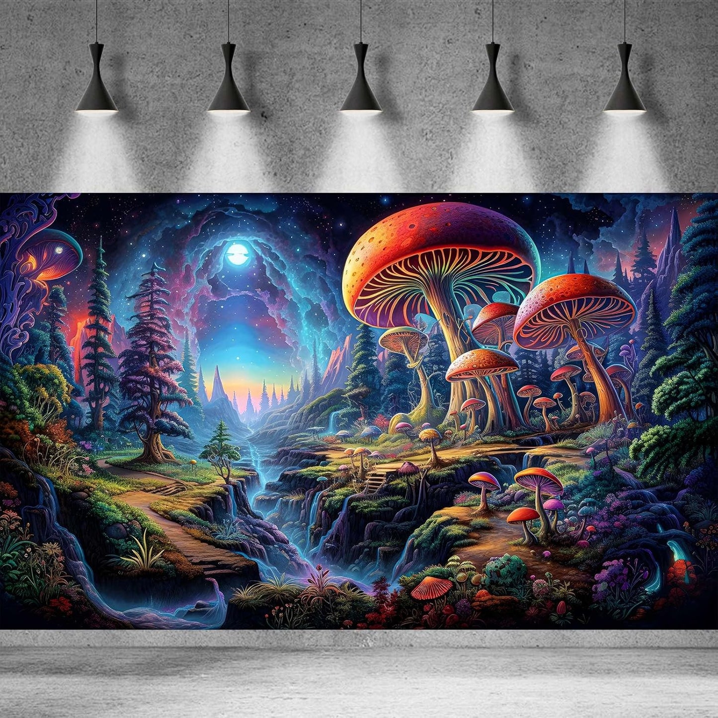 Forest Aquarium Background Fantastic Cartoon Forest Landscape with Mushrooms and Flowers Terrarium Background Fantasy Pine Tree Mysterious Mushroom Theme Fish Tank Backdrop Poster Decor 24x16in