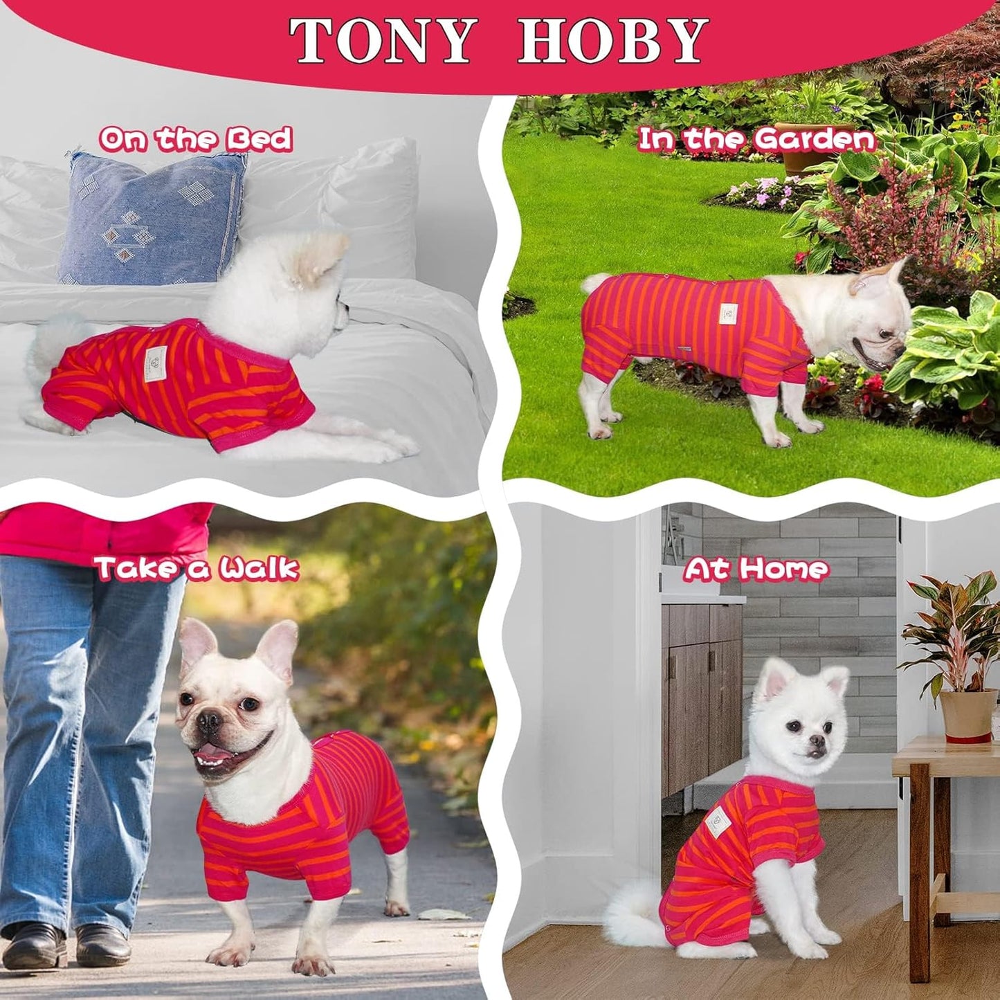 TONY HOBY Female/Male Dog Pajamas, Dog Jumpsuit 4 Legged Pajamas with Stripes, Soft Cotton for Comfortable Sleep (Rose Red&Orange, Boy, S)