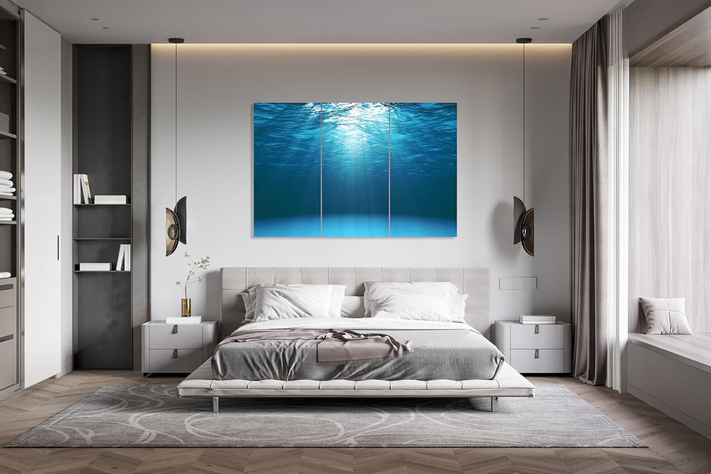 Nature Wall Art Prints - Ocean Forest Mountain Lake Canvas Landscapes - Small to Extra Large Living Room Bedroom Kitchen Bathroom Décor (Sun Rays Under Water, 47L" x 71W" - 3 panels)