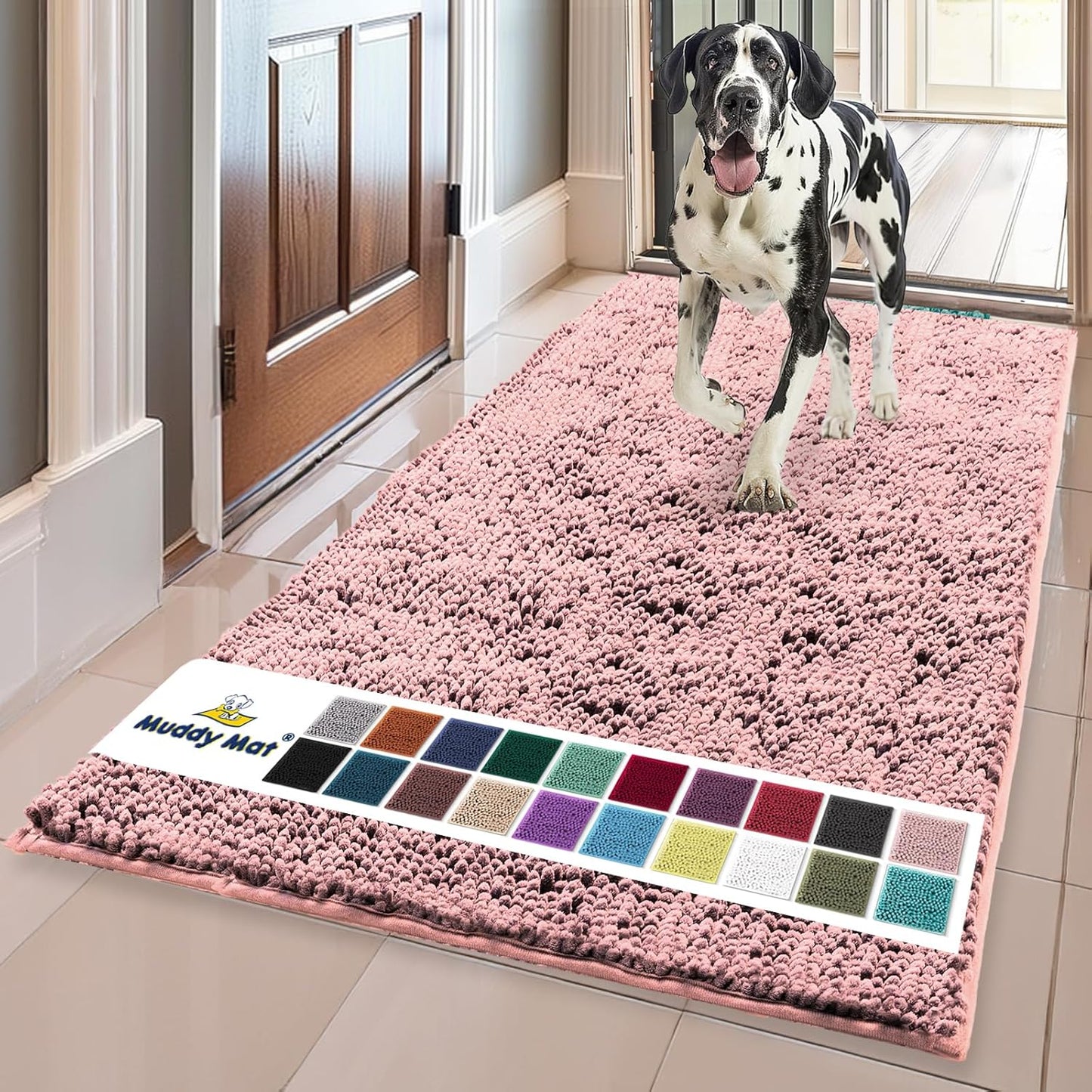 Muddy Mat® Original Dog Door Mat for Muddy Paws, Super Absorbent Microfiber, Non-Slip Washable Pet Rug, Quick Dry Chenille Entryway Carpet, Machine Washable Indoor Outdoor mat, Pink 35"x60"