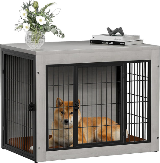 Bigrab Dog Crate Furinture with Thick Cushion, Side End Table Wooden Dog Cage with Double Doors, Chew-Resistant Dog Kennel Dog House Indoor for Small to Large Dog, M (Grey)